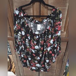 Time and Tru Women's Black Floral Plus Size Off The Shoulder Top Size XL 16/18